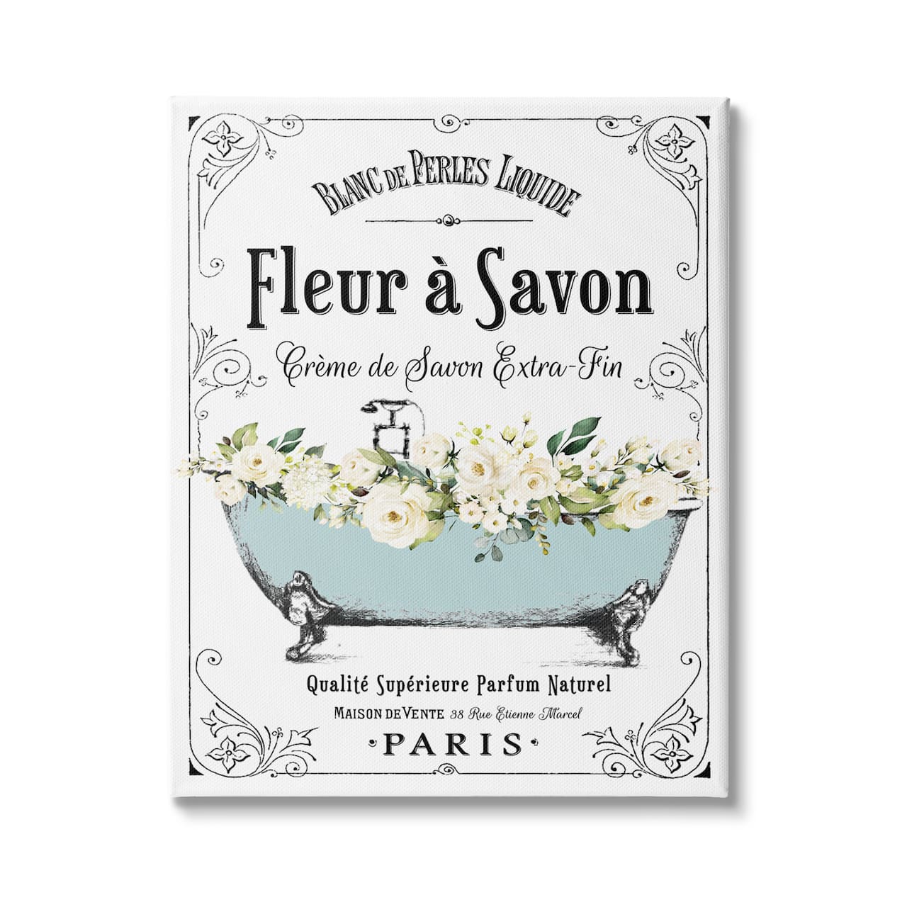 Stupell Industries Vintage Parisian Bathroom Advertisement Floral Blue Tub Canvas Wall Art